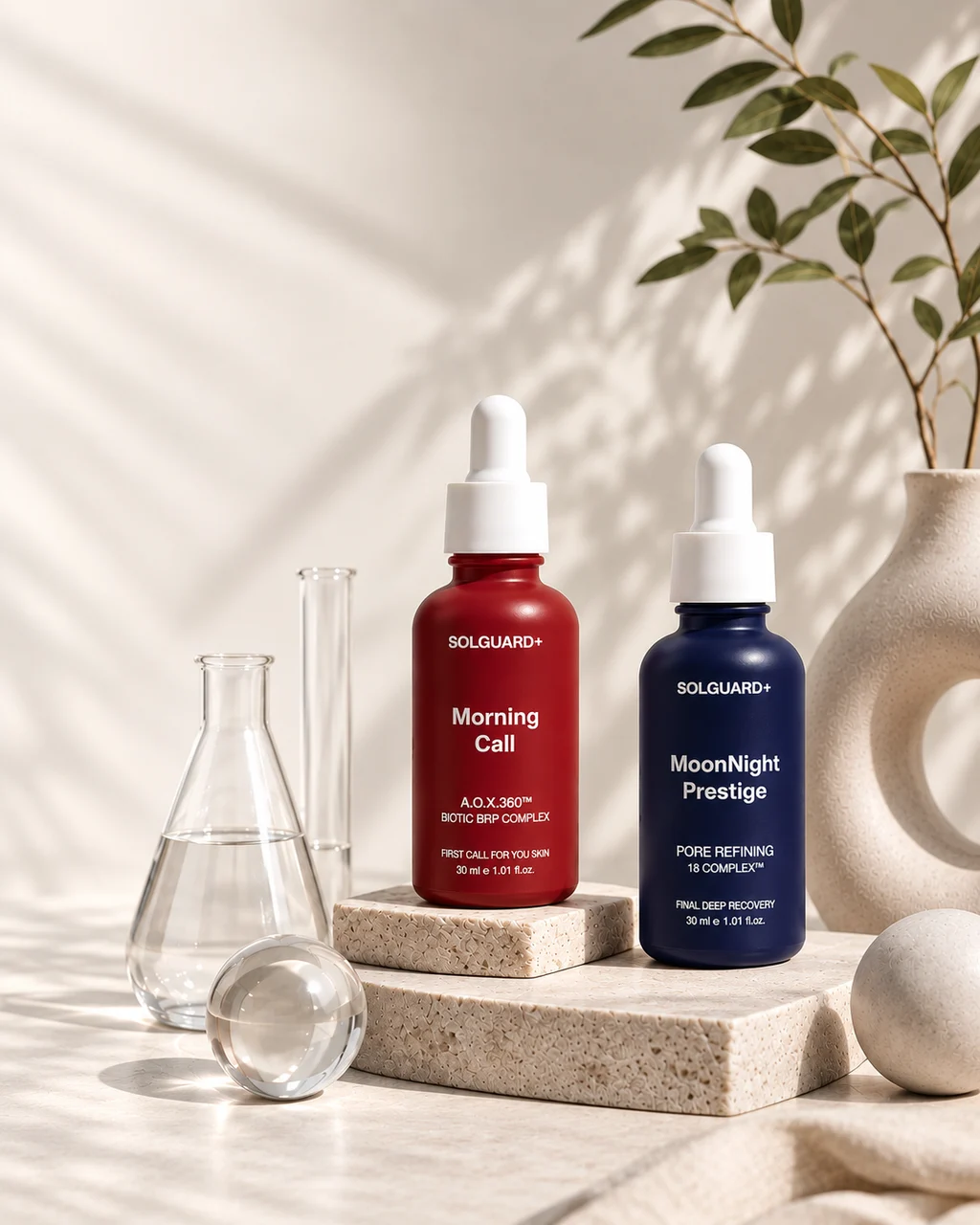 ขวดเซรั่ม SOLGUARD+ สีแดงและสีน้ำเงินวางคู่กัน